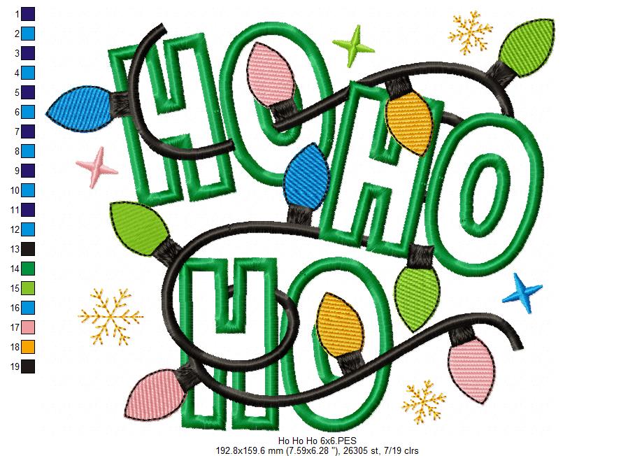 Christmas Lights Ho Ho Ho - Applique - Machine Embroidery Design