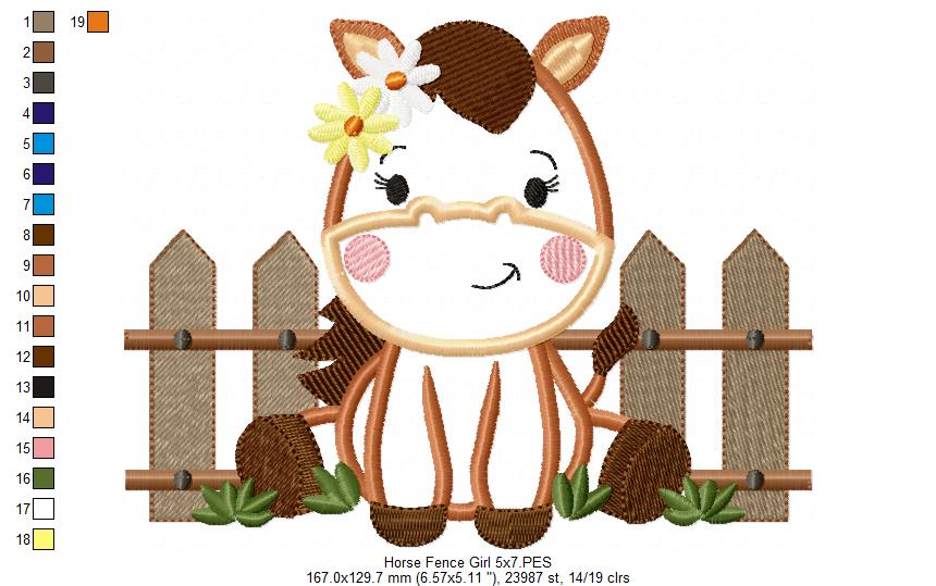 Horse Girl and Fence - Applique - Machine Embroidery Design