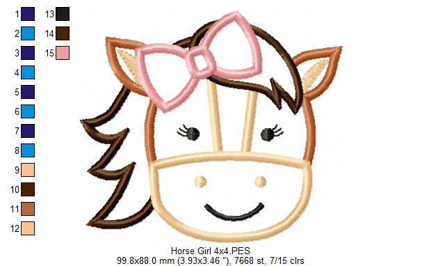 Sweet Horse Girl Face - Appliqué - Machine Embroidery Design
