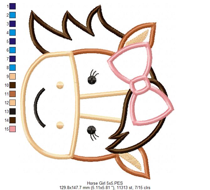 Sweet Horse Girl Face - Appliqué - Machine Embroidery Design