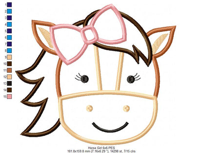 Sweet Horse Girl Face - Appliqué - Machine Embroidery Design