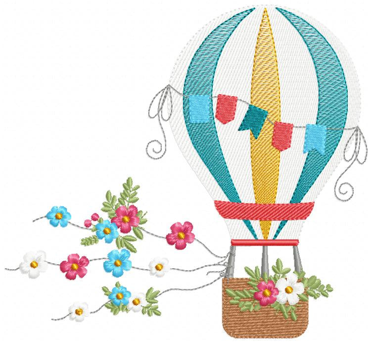 Hot Air Balloon and Flowers - Fill Stitch Embroidery