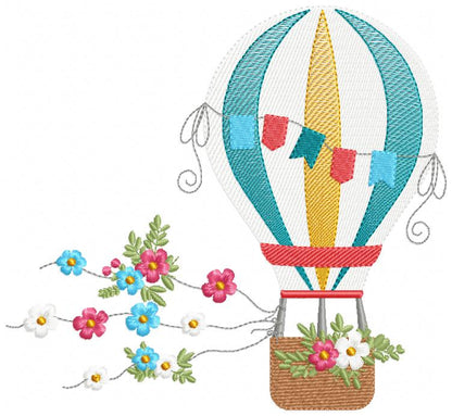 Hot Air Balloon and Flowers - Fill Stitch Embroidery