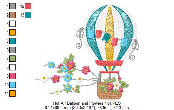 Hot Air Balloon and Flowers - Fill Stitch Embroidery