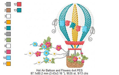 Hot Air Balloon and Flowers - Fill Stitch Embroidery