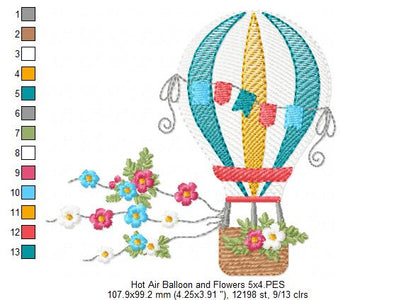 Hot Air Balloon and Flowers - Fill Stitch Embroidery