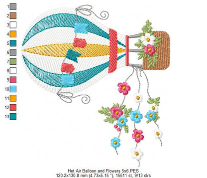 Hot Air Balloon and Flowers - Fill Stitch Embroidery