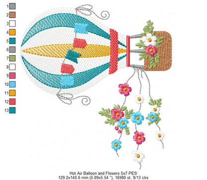 Hot Air Balloon and Flowers - Fill Stitch Embroidery