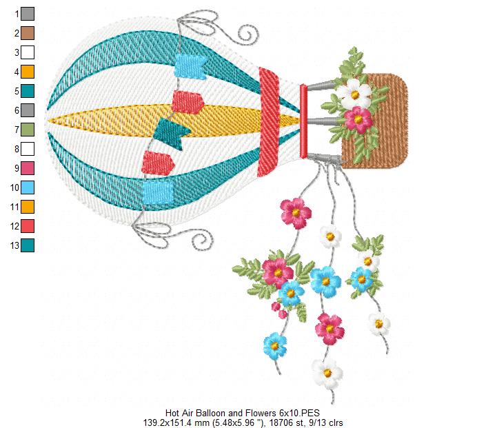 Hot Air Balloon and Flowers - Fill Stitch Embroidery