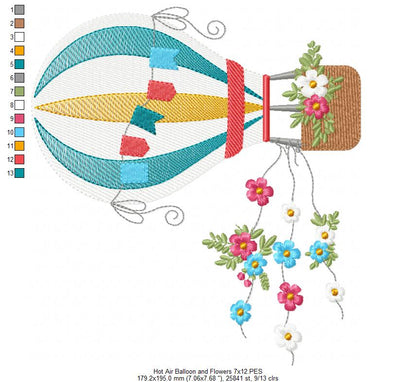 Hot Air Balloon and Flowers - Fill Stitch Embroidery