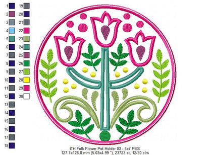 Folk Flowers Hot Pot Rest - ITH Project - Machine Embroidery Design