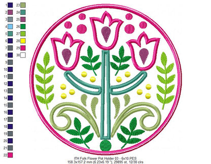 Folk Flowers Hot Pot Rest - ITH Project - Machine Embroidery Design