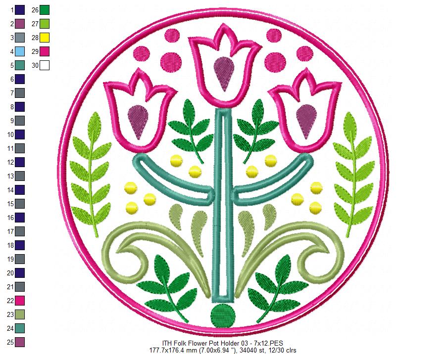 Folk Flowers Hot Pot Rest - ITH Project - Machine Embroidery Design