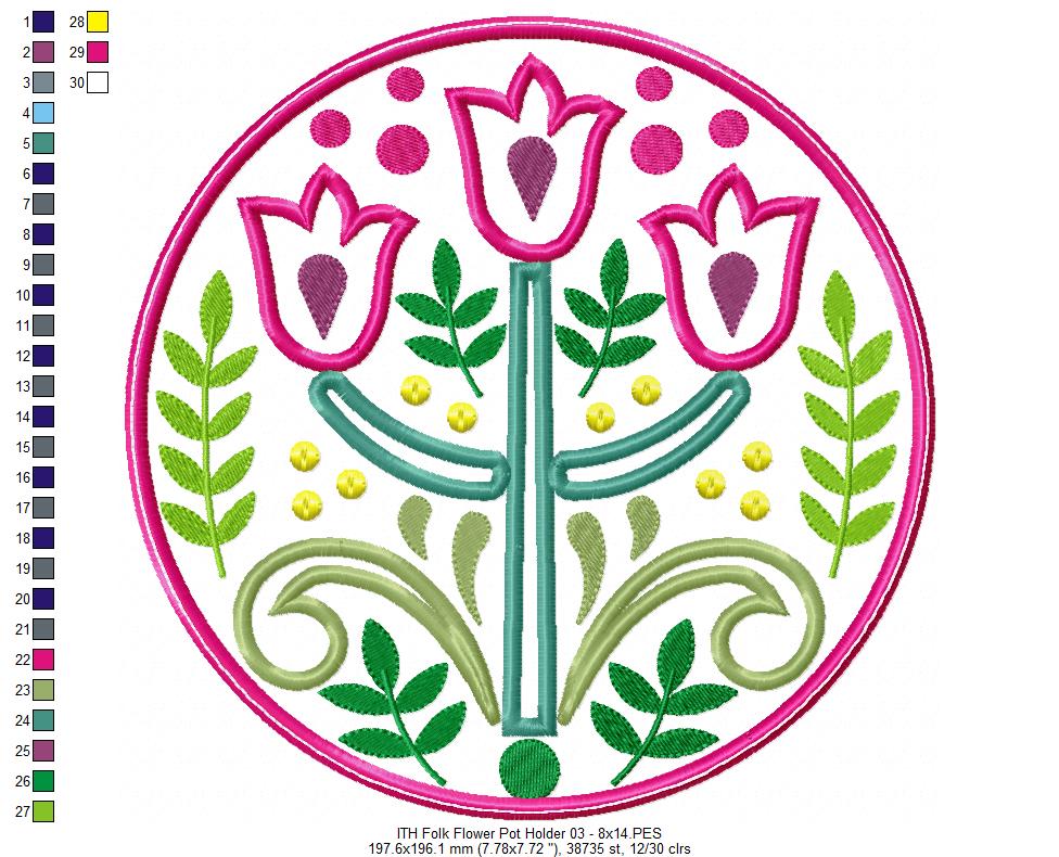 Folk Flowers Hot Pot Rest - ITH Project - Machine Embroidery Design