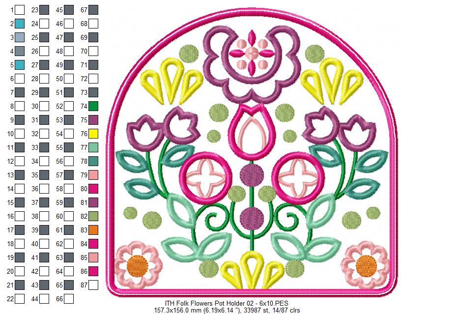 Folk Flowers Hot Pot Rest - ITH Project - Machine Embroidery Design
