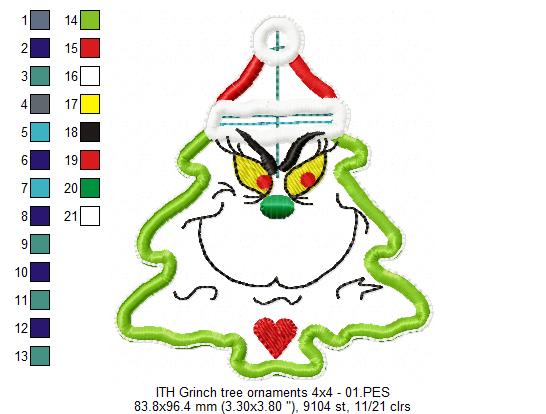 The Grinch Christmas Tree Ornaments Set - ITH Project - Machine Embroidery Design