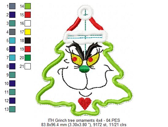 The Grinch Christmas Tree Ornaments Set - ITH Project - Machine Embroidery Design