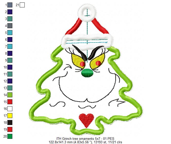 The Grinch Christmas Tree Ornaments Set - ITH Project - Machine Embroidery Design