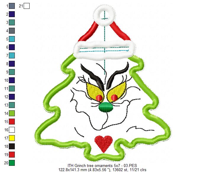 The Grinch Christmas Tree Ornaments Set - ITH Project - Machine Embroidery Design