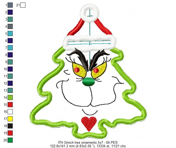 The Grinch Christmas Tree Ornaments Set - ITH Project - Machine Embroidery Design