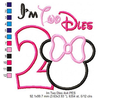 I'm Two Dles Mouse Ears Girl Number 2 Two 2nd Birthday - Applique Embroidery