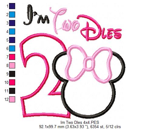 I'm Two Dles Mouse Ears Boy and Girl 2nd Birthday - Set of 2 Designs - Applique Embroidery