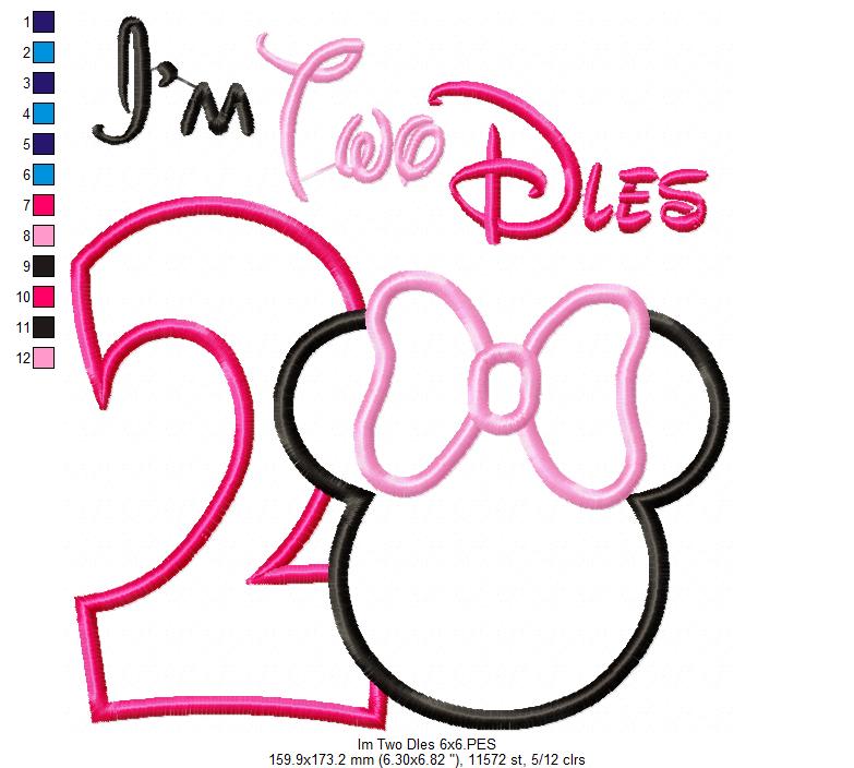 I'm Two Dles Mouse Ears Boy and Girl 2nd Birthday - Set of 2 Designs - Applique Embroidery