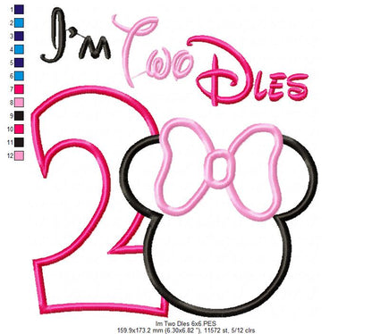 I'm Two Dles Mouse Ears Boy and Girl 2nd Birthday - Set of 2 Designs - Applique Embroidery