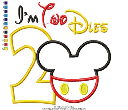 I'm Two Dles Mouse Ears Boy Number 2 Two 2nd Birthday - Applique Embroidery