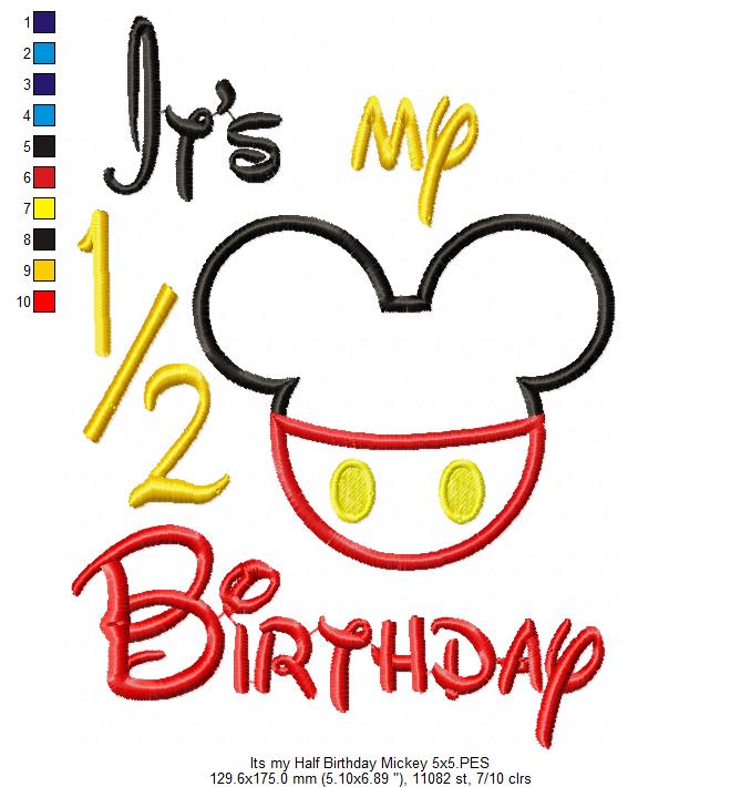 Mouse Ears Boy and Girl It's my 1/2 Birthday - Applique Embroidery