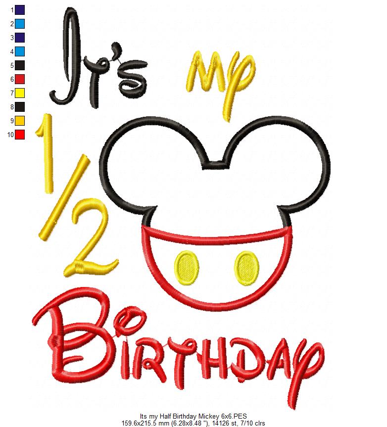 Mouse Ears Boy and Girl It's my 1/2 Birthday - Applique Embroidery