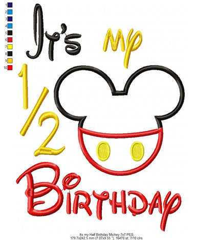 Mouse Ears Boy and Girl It's my 1/2 Birthday - Applique Embroidery