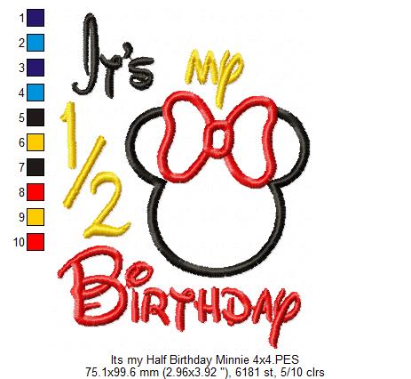 Mouse Ears Boy and Girl It's my 1/2 Birthday - Applique Embroidery