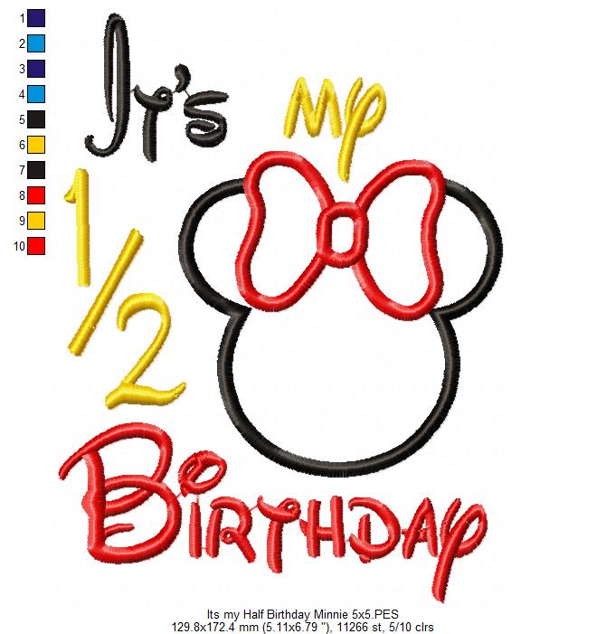 Mouse Ears Boy and Girl It's my 1/2 Birthday - Applique Embroidery