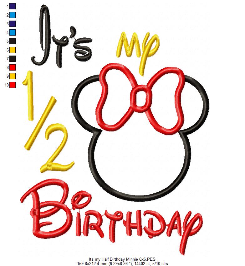 Mouse Ears Boy and Girl It's my 1/2 Birthday - Applique Embroidery