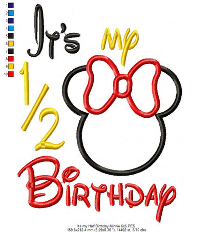 Mouse Ears Boy and Girl It's my 1/2 Birthday - Applique Embroidery