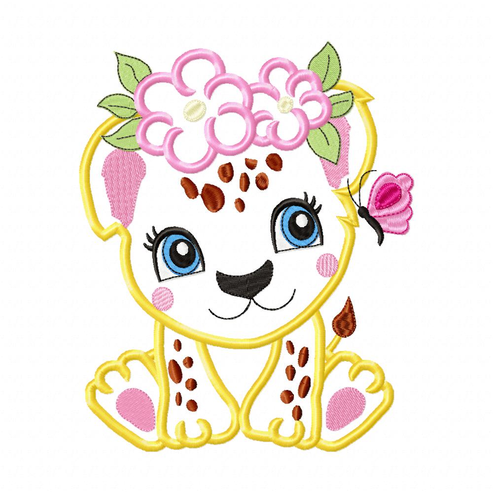 Sweet Jaguar with Flowers – Applique & Fill Stitch – Machine Embroidery Design