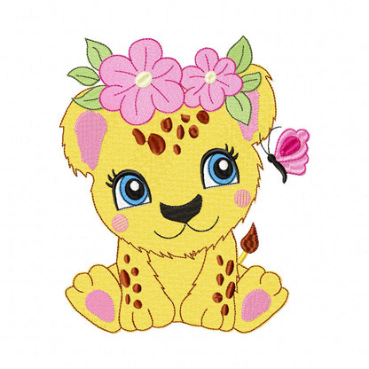 Sweet Jaguar with Flowers – Applique & Fill Stitch – Machine Embroidery Design
