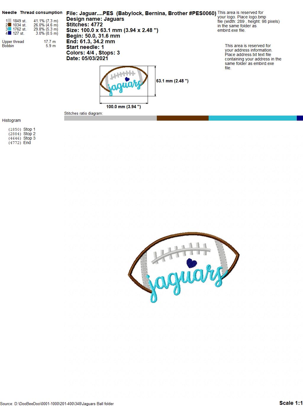 Jaguars Football Script – Satin Stitch – Machine Embroidery Design