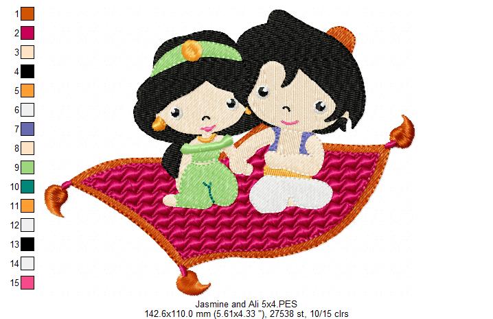 Princess Jasmine and Prince Ali - Fill Stitch Embroidery