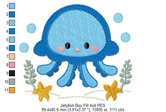 Cute Jellyfish Boy - Fill Stitch & Applique - Set of 2 designs