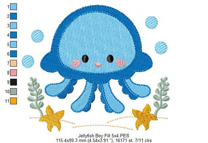 Cute Jellyfish Boy - Fill Stitch & Applique - Set of 2 designs
