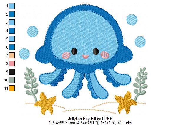 Cute Jellyfish Boy - Fill Stitch & Applique - Set of 2 designs