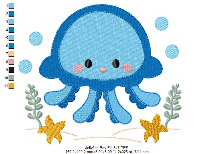 Cute Jellyfish Boy - Fill Stitch & Applique - Set of 2 designs