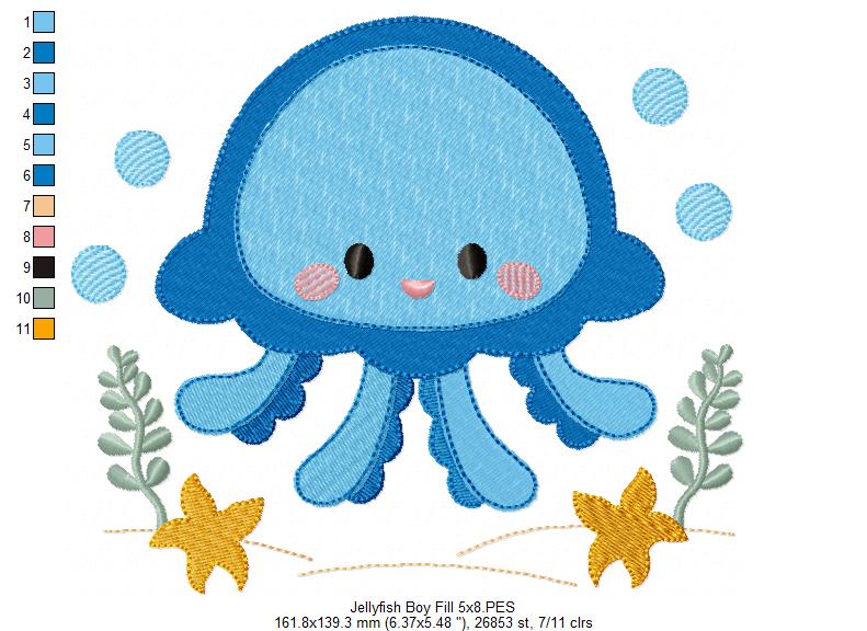 Cute Jellyfish Boy - Fill Stitch & Applique - Set of 2 designs