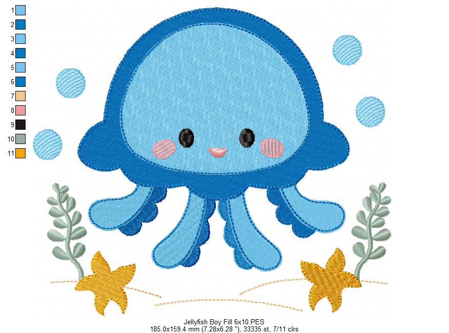 Cute Jellyfish Boy - Fill Stitch & Applique - Set of 2 designs