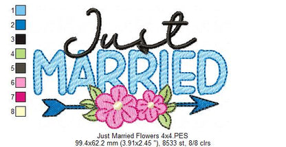 Just Married Arrow and Flowers - Fill Stitch Embroidery
