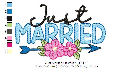 Just Married Arrow and Flowers - Fill Stitch Embroidery