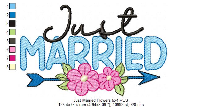 Just Married Arrow and Flowers - Fill Stitch Embroidery