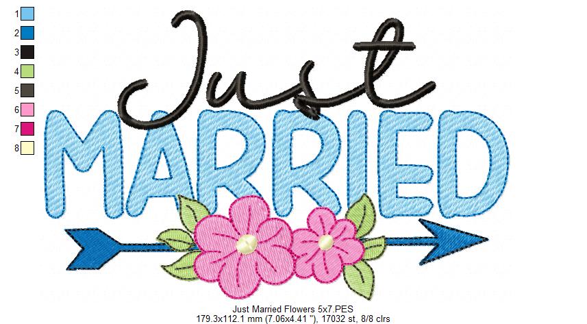 Just Married Arrow and Flowers - Fill Stitch Embroidery